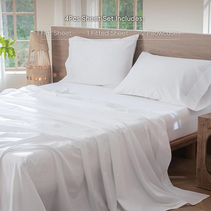 MooMee Bedding Sheet Set 100% Washed Cotton Linen Like Textured Breathable Durable Soft Comfy (Solid Bright White, Full)