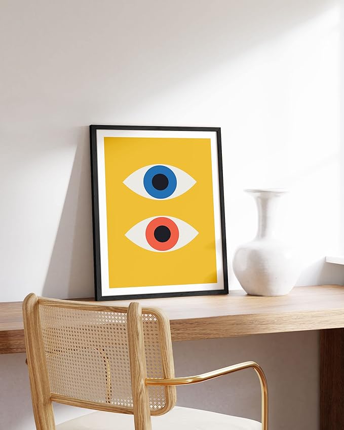 HAUS AND HUES Mid Century Modern Wall Art - Retro Evil Eye Decor, Bauhaus Yellow Wall Art, Large Abstract Art Print (Black Frame, 16x20)