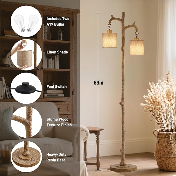 Rustic Floor Lamp for Living Room - Newly Upgraded Heavy-Duty Resin Base Farmhouse Floor Lamp with 2 Country Vintage Reading Light - Standing Lamps for Bedroom Office Home Decor (Brown, 2 Bulbs)