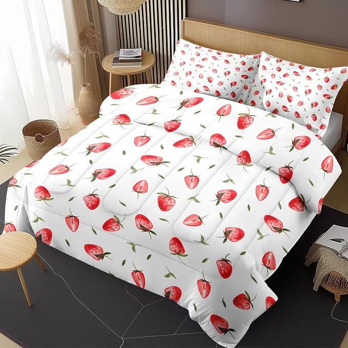 Comforter Set with 2 Pillowcases Full Size, Cute Red Strawberry Fruit, Bed Decor Pink Strawberries Party Girly for Kids and Adults, Soft Cozy Bedroom Bedding Set