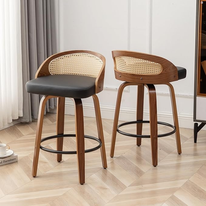 30" Swivel Rattan Bar Stools Set of 3 Mid-Century Modern Faux Leather Upholstered Bar Height Stools Kitchen Island Barstool with Rattan Low Backrest,Walnut Wood Finish Bar Chairs,Black PU