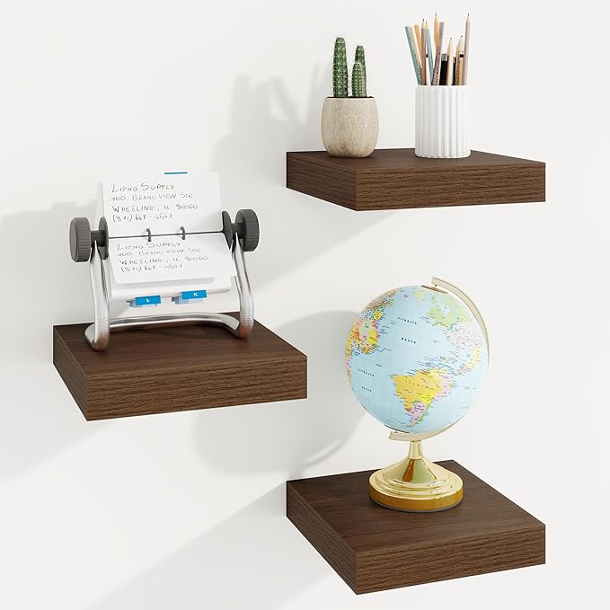 Marsmiles Square Floating Shelves for Wall, 8" W x 8" D x 1.25" H, 3 Pack Small Wall Mounted Engineered Wood Shelves with Invisible Brackets for Living Room, Bedroom, Bathroom, Kitchen Decor, Walnut