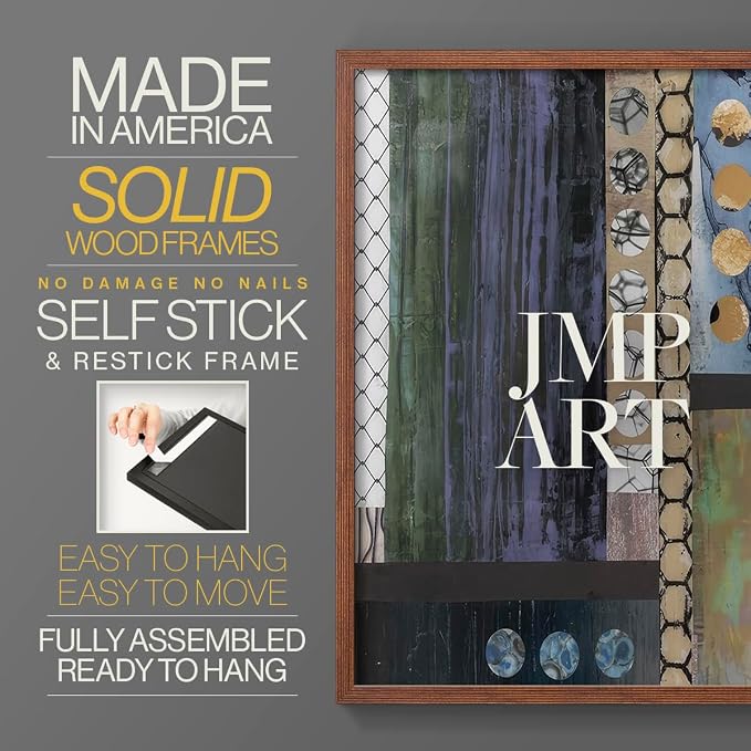 Renditions Gallery Set of 2 Peel & Stick Framed Prints, Geometric Abstract Wall Art, Hexagonal and Circular Pattern Wall Decor, Re-Stickable - Ready to Hang - 8"x10" - Walnut Frame LT588