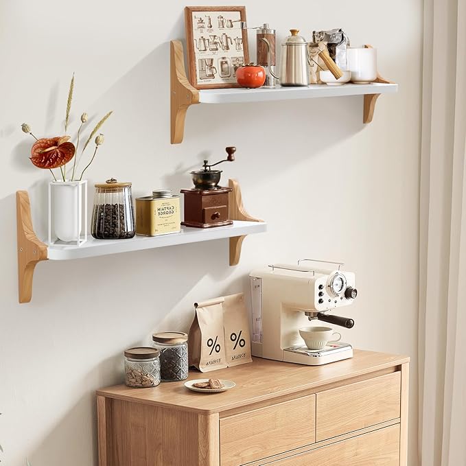 Wooden Floating Shelves for Wall, 23.6" W x 6" D x 0.8" H Large Wall Shelves, Hanging Storage Shelf with Sturdy Brackets for Living Room, Kitchen, Bathroom, Bedroom Decor, Walnut, 2 Packs