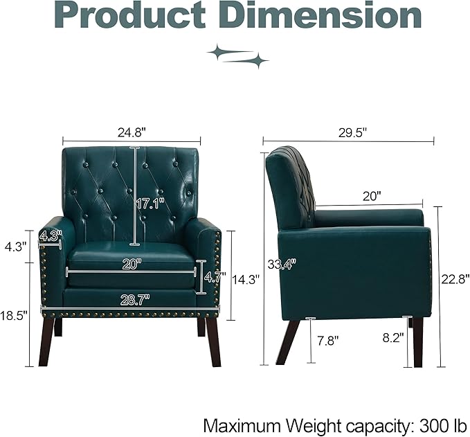 Mid Century Modern Accent Chair, Blue Faux Leather Office Chair for Reception - Tufted Leather Club Chair for Living Room, Bedroom, or Waiting Room
