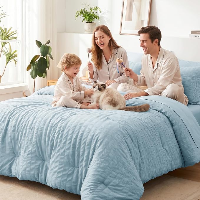 CozyLux Twin XL Comforter Set for College Dorm, 5 Pieces Light Blue Seersucker Twin Extra Long Bed in a Bag, Down Alternative Bedding Set with Comforter, Sheets, Pillowcase & Sham, Back to School Gift