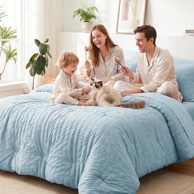 CozyLux Oversized King Comforter Set with Sheets, 7 Pieces 120"x98" Light Blue Seersucker Bed in a Bag, Luxury Soft Bedding Sets with Down Alternative Comforter, Sheets, Pillowcases & Shams, Home Gift