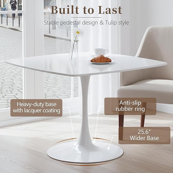 Square Dining Table,42.1" Tulip Table with Metal Pedestal,15-Minute Quick Assembly,Mid Century Modern Leisure Table for Kitchen Small Places Cafe (White)