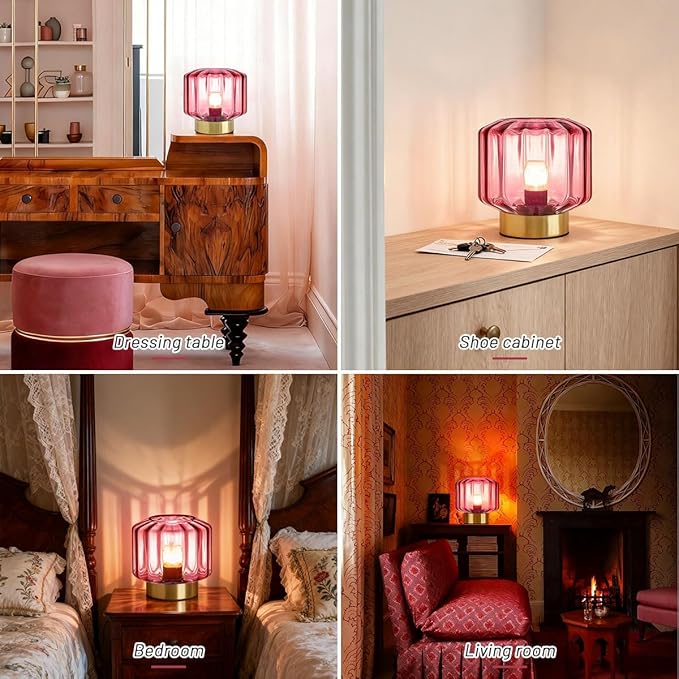 touch Table lamp Gold table lamps Mid Century Modern lamp nightstand lamp small vintage desk lamp metal table lamp with Purple Glass Ribbed shade Bedside table light for end table Bedroom Living Room