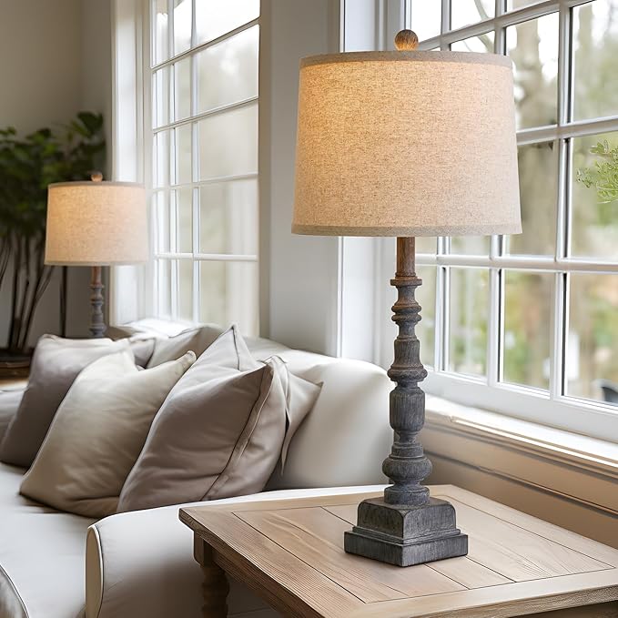 Oneach 27.75" Farmhouse Table Lamps Set of 2, USB A+C, Rustic Tall Table Lamp for Living Room, Traditional Rustic Lamps Bedside Lamps for Bedroom Office End Table, Antique Grey