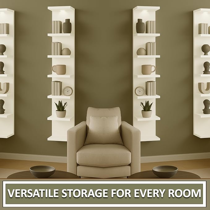 Home Stuff Wall Shelf Unit, 11 3/4x74 3/4,Use Fixing Devices Suitable for The Walls in Your Home, 7 Tier Vertical Lack Wall Shelves, Column Shelf Organizer & Storage for Bedroom(2 x White with LED)