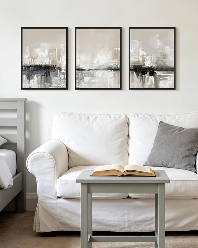 KUVIOKE Abstract Gray Framed Wall Art Neutral Brown Artwork Painting Morden Minimalist Wall Decor Rustic Home Decor 12x16in (Black Framed)