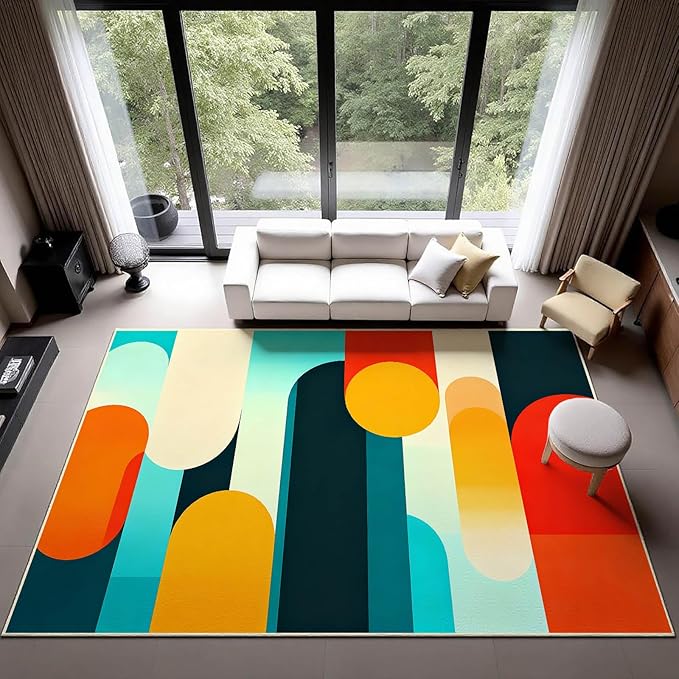 10x12 Geometric Area Rug, Modern Geometric Abstract Colorful Rug, Mid Century Modern Rugs, Colorful Abstract Rugs for Living Room, Washable Non Slip Soft Low Pile Carpet