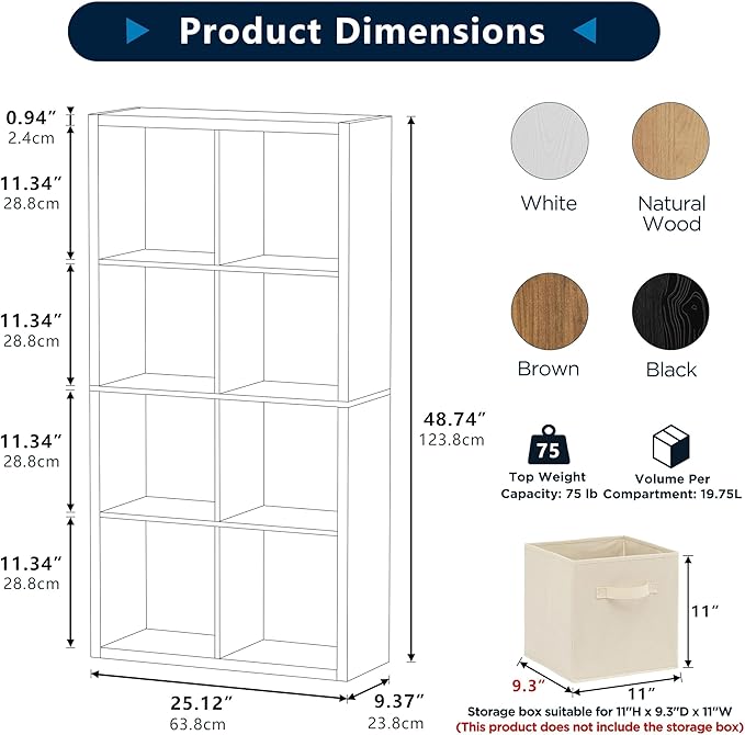 8 Cube Storage Organizer, Cube Shelf with Heavy-Duty Thick Boards, 25.12" L x 9.37" W x 48.74" H, Smooth Easy-Clean Panels, Simple Assembly, for Living Room Bedroom Office, Natural-Oak