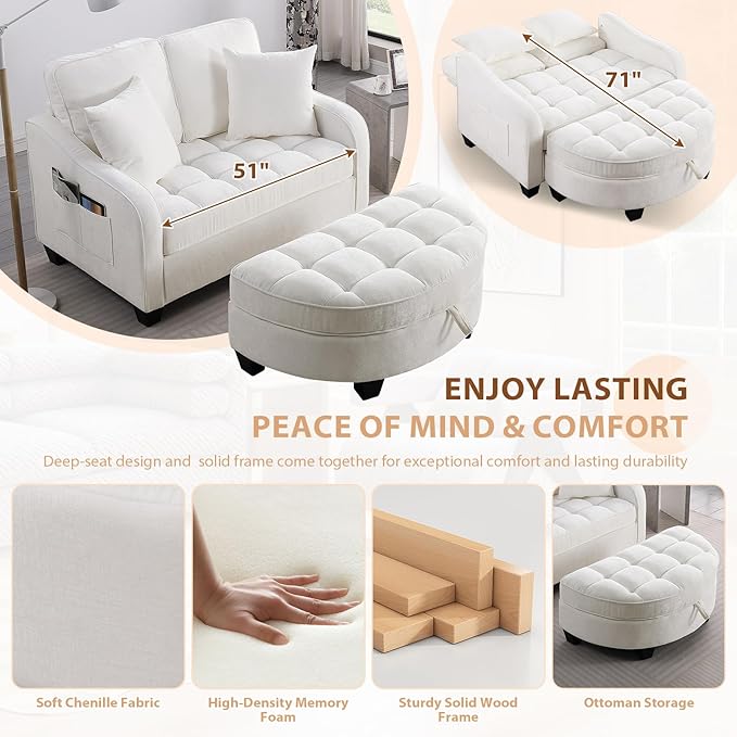 Oversized Curved Chaise Lounge Chair Indoor with Ottoman, 54.8" Cloud Boneless Reading Chair Soft Chenille Circle Couch w/Adjustable Backrest for Living Room, Apartroom, Bedroom, Beige