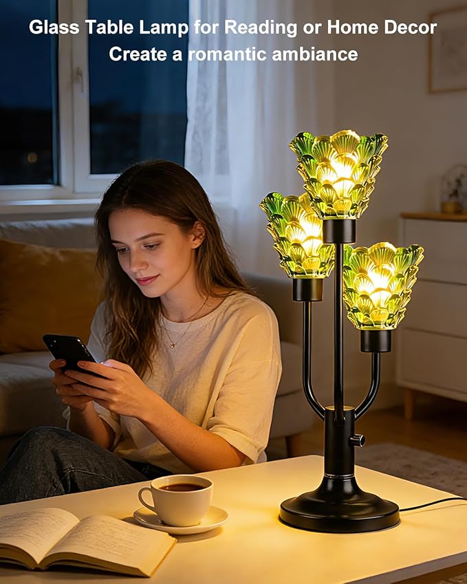 Lightdot Vintage Mid Century Modern Table Lamp Dimmable Nightstand Lamp Black Desk Lamp Green Glass 3 Bulbs Included Warmwhite Ambient Bedside Lamp for Living Room Bedroom Home Office Decor Gift