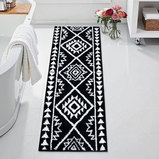 Uphome Black Long Bathroom Rug Boho Tribal Bathroom Runner Western Non-Slip Washable Bath Mat Fluffy Soft Absorbent Farmhouse Aztec Floor Carpet for Kitchen Hallway Bedroom, 20x60 inch