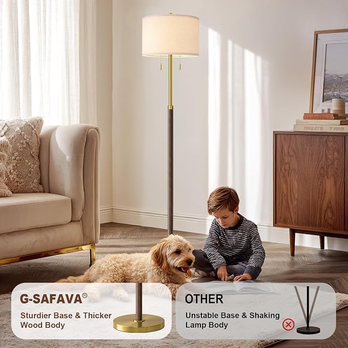 G-SAFAVA Floor Lamp 61" Wood Lamps for Living Room Bedroom 2-Lights Mid Century Modern Standing Tall Lamps for Office Nursery Corner Reading Room Lamp, 3 Color Temperatures 9W Bulbs Included, Walnut