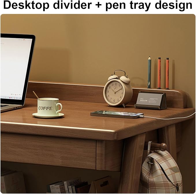 Mid-Century Modern Wood Desk,Computer Desks with Drawers and Storage Shelf,Study Work Writing Table,Modern Industrial Home Office Desks for Writing,Executive,Study,Work(White,55in(140cm))