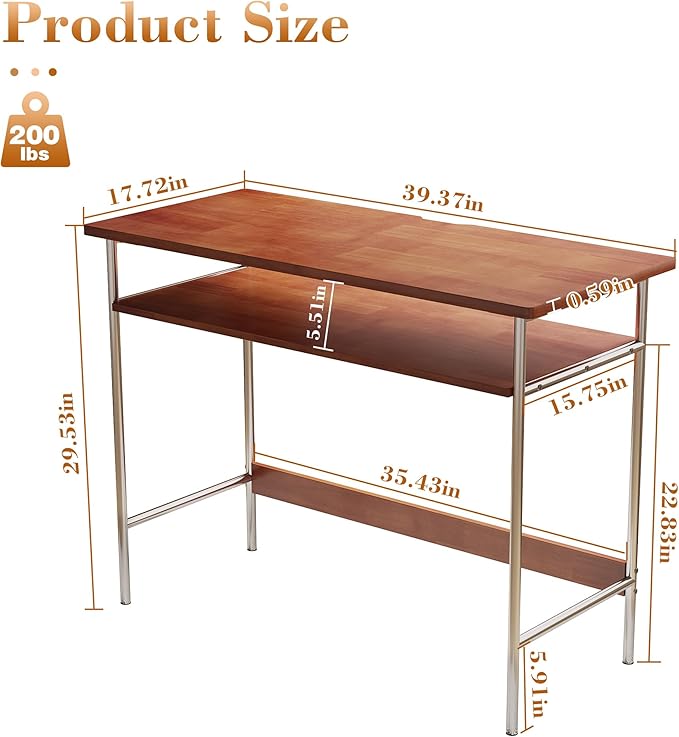 100% Solid Wood Desk, 39 Inch Writing Computer Desk for Small Spaces, Vintage Home Office Desks, Mid Century Modern Desks with Thickened Stainless Steel Legs for Study, Makeup & Workstation (Cherry)