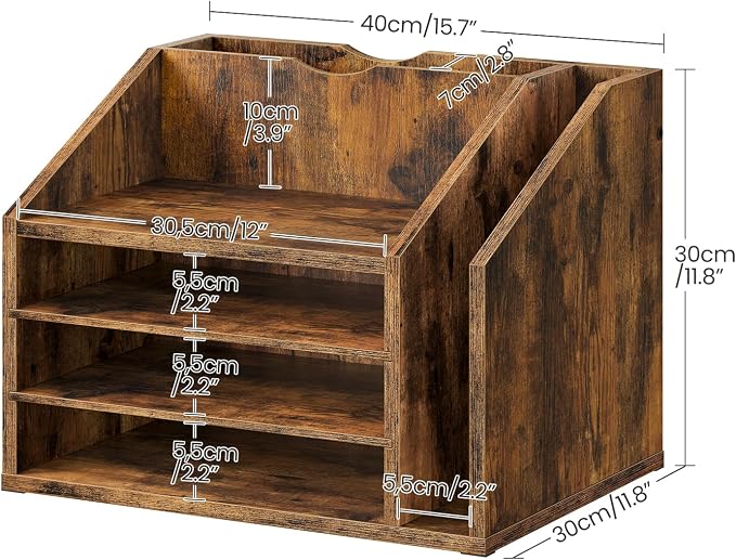 CHOEZON Wooden Desk Organizer with Adjustable Partitions, Multi-Layer Desktop File Holder for Home Office, Paper & Stationery Storage Organizer, Rustic Brown MWJ04FG