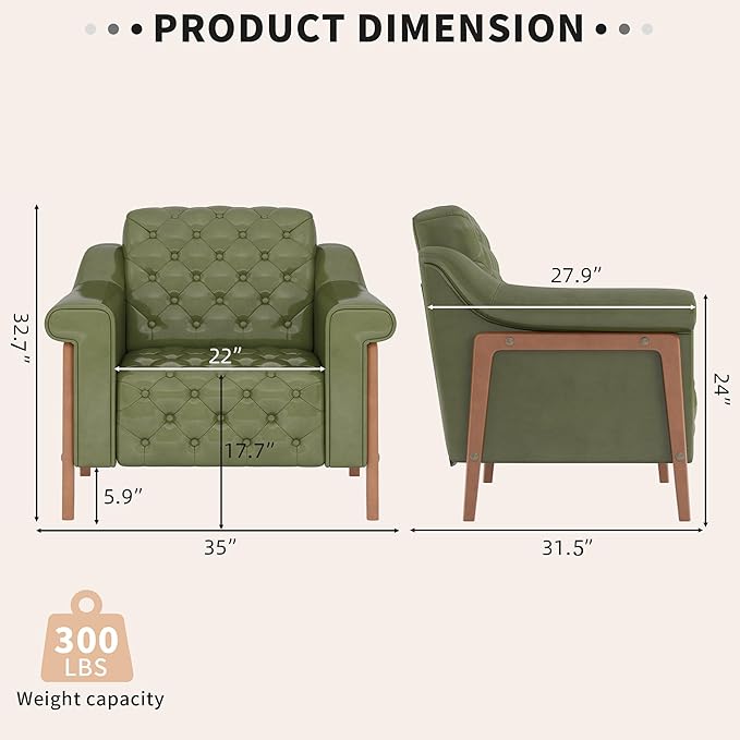 EJUNQ Faux Leather Accent Chair, Mid-Century Modern Armchair, Retro Upholstered Armchair Accent Chair Club Chair for Living Room, Bedroom, Waiting Room, Office, Green