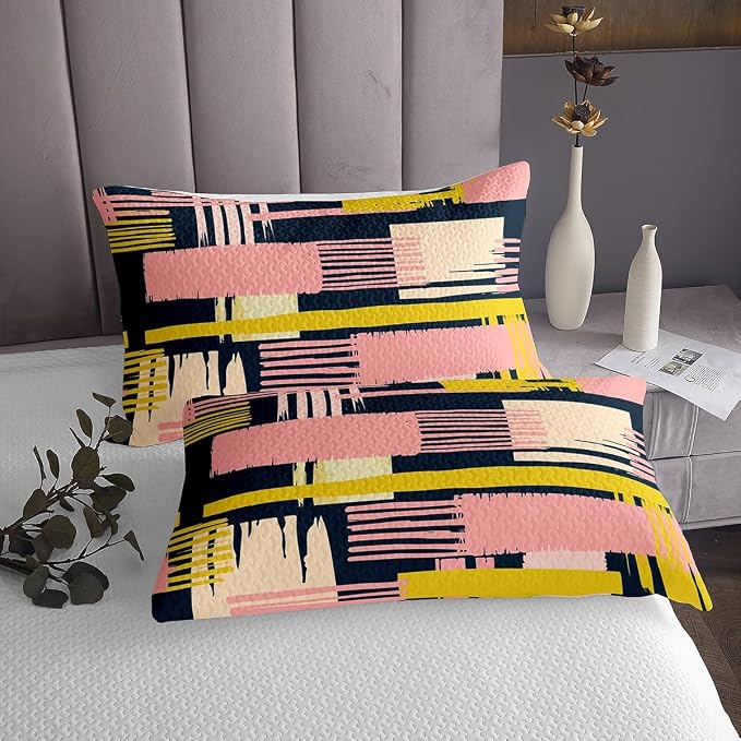 Erosebridal Vintage Mid Century Queen Quilt Set Retro Minimalism Coverlet Set Hippie Watercolor Bedding Set Pink Beige Navy Ombre Bedspread Set, Geometric Stripe Patchwork Bed Quilt Abstract Decor