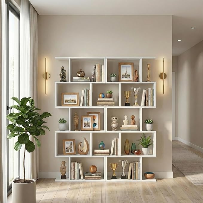5-Tier Geometric Bookcase (Set of 2), 62.6" Tall S-Shaped Bookshelf & Room Divider, Modern White Freestanding Display Shelving Unit for Living Room, Hallway, Home Office