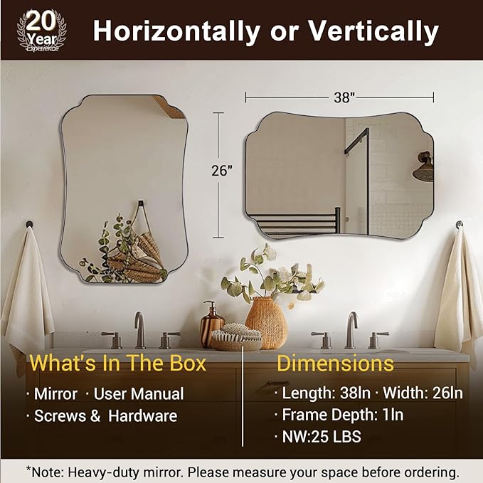 ANDY STAR Chrome Scalloped Mirror, 26x38 Inch Polished Chrome Mirror, Unique Bathroom Mirror with Scalloped Edge Design, Rust-Proof Stainless Steel 1’’ Frame, Home Decor