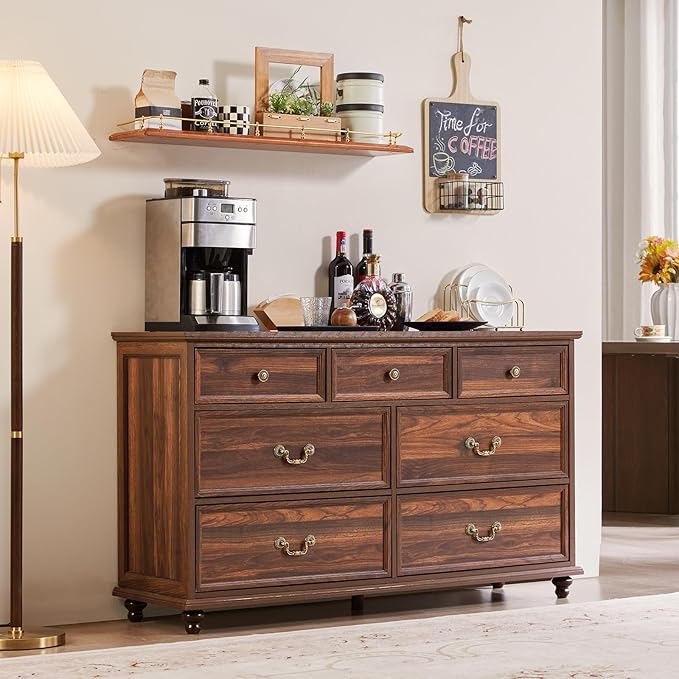 Farmhouse 7 Drawers Dresser Sets of 2 for Bedroom, Brown 54 Inch Wide Chest of Drawers w/ 4 Wooden Legs, Large Vintage Rustic Closet Dressers for Living Room, Wood TV Stand