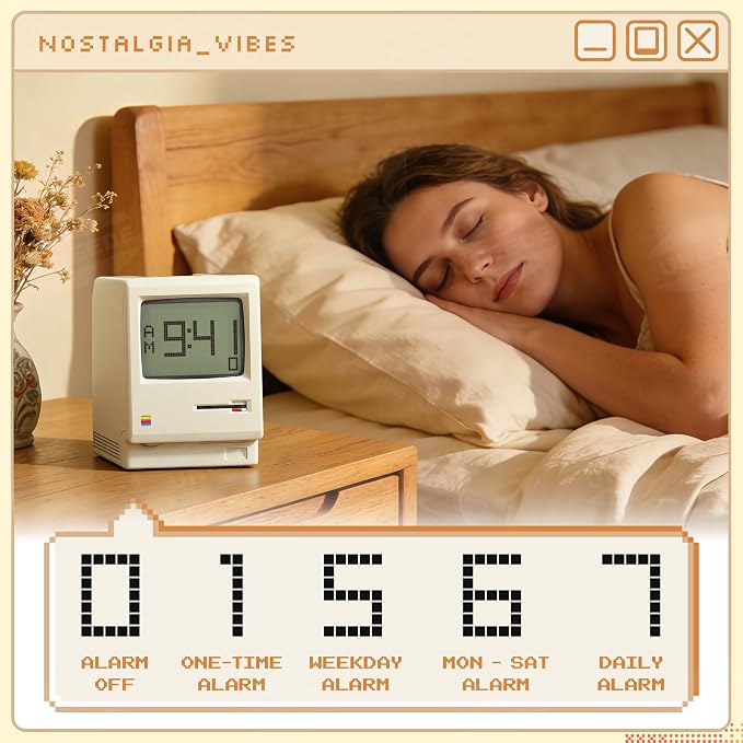 UNEEDE Maclock Retro Desk Clock, 1984 W-8 Computer Inspired Pixel Display Rechargeable Desk Clock, Multi-Alarm, Calendar, Temperature, Dimmable, Unique Retro Tech Gift for Office Bedroom Night Light