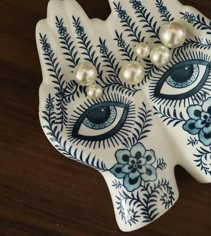 Blue Eye Hand Ceramic Sculpture, Modern Abstract Art Decor Figurine, Hand Shaped Blue Floral Ornament for Living Room, Bookshelf, Office, Home Decor,Decoration Gift