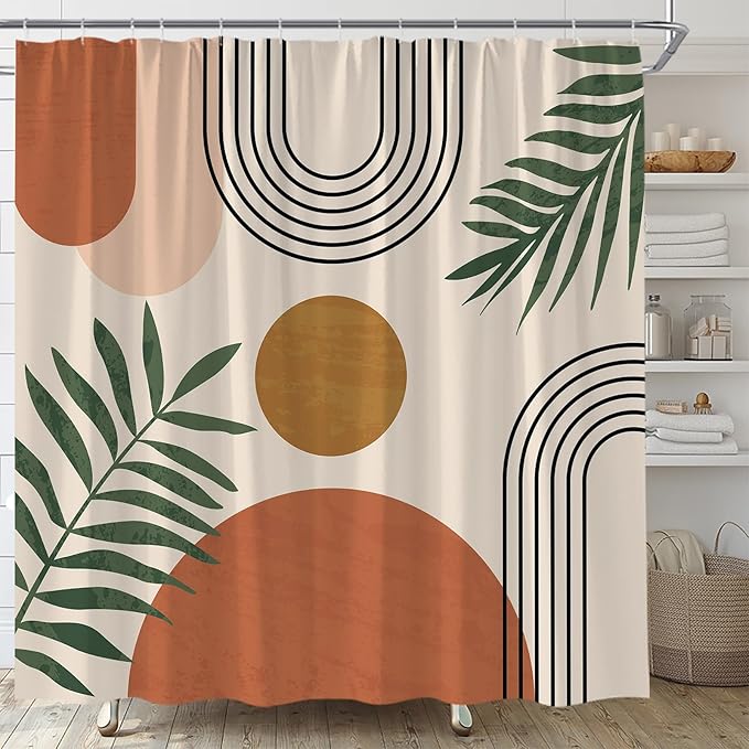 Mid Century Modern Shower Curtain Boho Beige Orange Abstract Retro Aesthetic Fabric for Bathroom Decor Bathtub with Hooks (70" WX74.8 H)