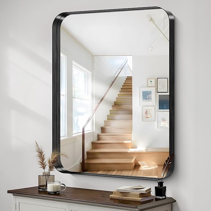 CIRCUMI Black Bathroom Mirror, 36"x48" Rectangular Mirror with Deep Metal Frame, Rounded Corner, Tempered Glass, Large Mirror for Wall, Over 2 Sinks, Installed Vertically/Horizontally, Crystal-Clear