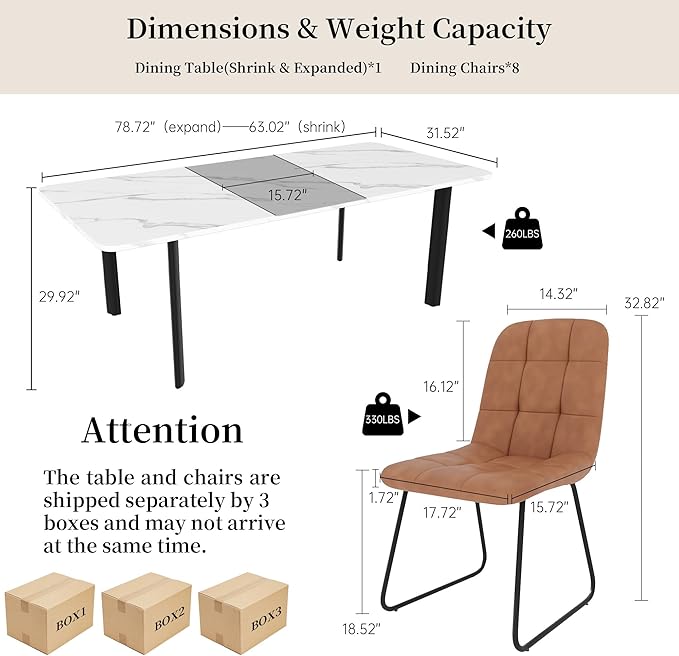Extendable Dining Table Set for 6-8 People, 63 to 78.7 Inch MDF Kitchen Table with 8 Faux Leather Dining Chairs, Space-Saving for Dining Room, Breakfast Nook (White Table & 8 Brown U-Shaped Chairs)