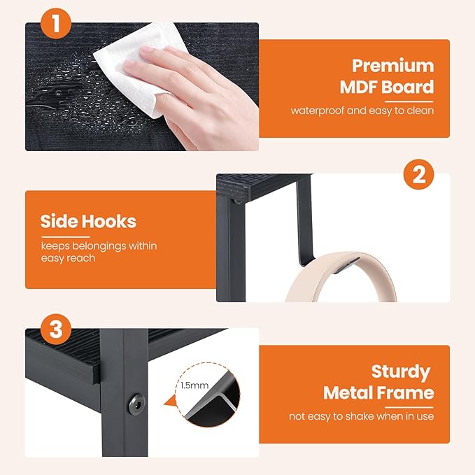 Sweetcrispy 47 Inch Computer Desk with Drawers for Home Office Writing Desk X Shaped Reinforcement Wood Surface Adjustable Position Modern Study Work Side Hook Metal Frame Storage Station Black