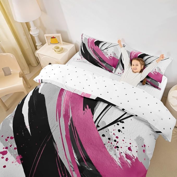 Erosebridal Black and Purple Pink Duvet Cover King - Modern Geometric Decorative Bedding Sets Striped Bed Set for Boys Girls Minimalists Watercolor Graffiti Lines Bed Cover
