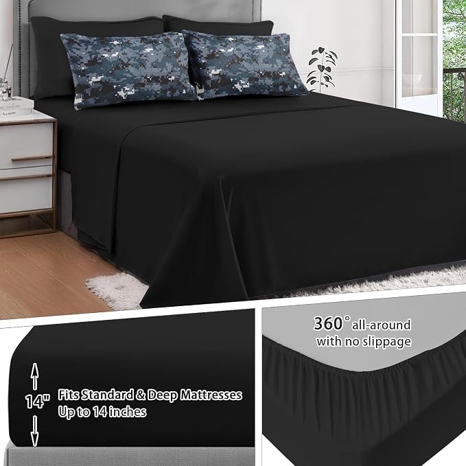 7Pcs Comforter Set King Size, Digital Navy Blue Camouflage Camo, Bedding Decor Army Military Brown Gray Seal Us Bedroom Bed Set Flat Sheet Fitted Sheet Pillowcases Shams for Kids Adults