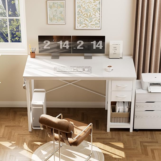 Sweetcrispy 40 Inches Computer Desk with Drawers Home Office Writing Desk X Shaped Reinforcement Modern Study Work Table Side Hook Sturdy Metal Frame Large Surface Storage Organization Station White