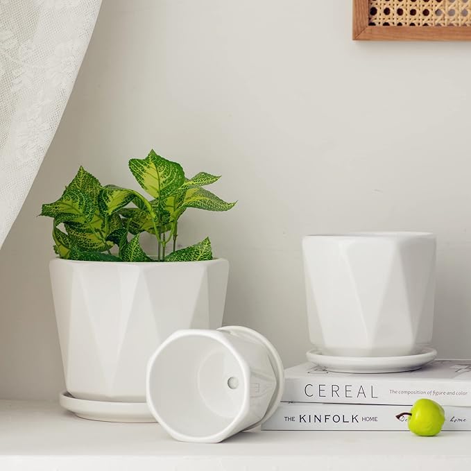 White Ceramic Planter, Plant Pots Indoor with Drainage, 6.5+5.5+4.5 Inch Octagon Modern Decor Flower Pots for Succulents and Cactus, Perfect for Desk, Window Sill, Living Room