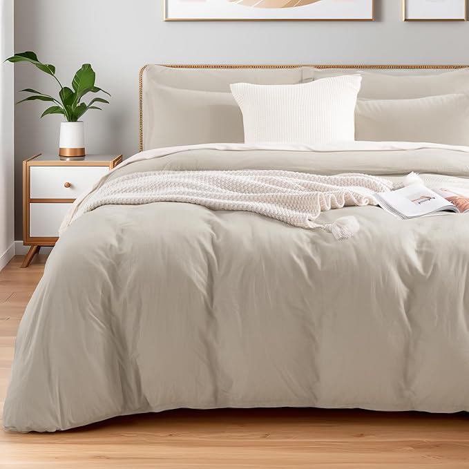 NEXHOME PRO 100% Washed Cotton Duvet Cover Full Size, Ogranic Natural Linen Feel Breathable Bedding Set with Zipper Closure, 3 Pieces Duvet Cover Set Linen (No Comfortert) 8090