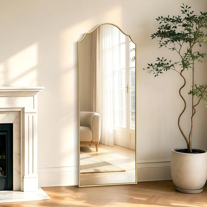 Besdomus Scalloped Full Length Mirror: 21"x56" Gold Arched Floor Mirror - Minimalist Modern Wooden Frame Body Long for Wall/Bedroom/Cloakroom/Entryway/Living Room - Home Decor for Housewife