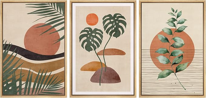 wall26 Framed Canvas Print Wall Art Set Boho Mid-Century Tropical Plant Collage Abstract Shapes Digital Art Modern Art Decorative Minimal for Living Room, Bedroom, Office - 24"x36"x3 Natural