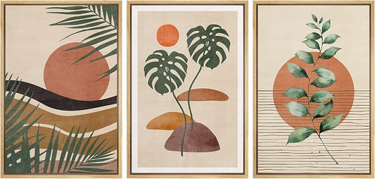 wall26 Framed Canvas Print Wall Art Set Boho Mid-Century Tropical Plant Collage Abstract Shapes Digital Art Modern Art Decorative Minimal for Living Room, Bedroom, Office - 24"x36"x3 Natural
