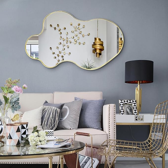 Irregular Mirror, 30"x18" Asymmetrical Mirror, Gold Metal Frame Abstract Wall Mirrors Decorative, Modern Odd Shaped Mirrors for Living Room Bathroom Bedroom Hallway Entryway Fireplace
