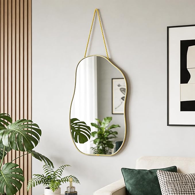 Irregular Wall Mirror, 15.6x9-inch Gold Wall-Mounted Asymmetrical Mirror, Suitable for Bathrooms, Hallways, and More (Gold)