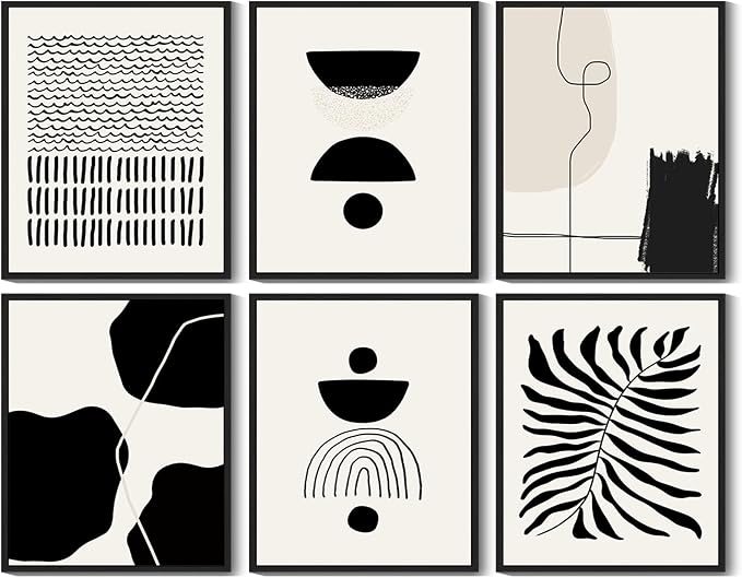 KUVIOKE Black Abstract Framed Wall Art Boho Room Decor Set of 6 Minimalist Geometric Line Art Bohemian Mid Century Modern Prints for Bedroom Living Room 11x14in (Black Framed)