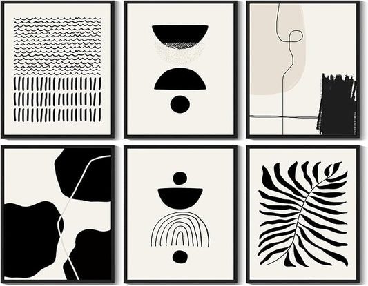 KUVIOKE Black Abstract Framed Wall Art Boho Room Decor Set of 6 Minimalist Geometric Line Art Bohemian Mid Century Modern Prints for Bedroom Living Room 11x14in (Black Framed)