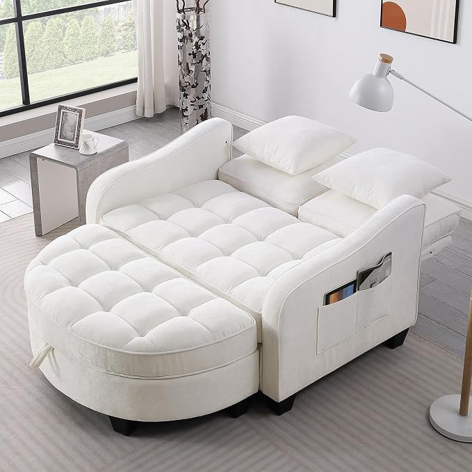 Oversized Curved Chaise Lounge Chair Indoor with Ottoman, 54.8" Cloud Boneless Reading Chair Soft Chenille Circle Couch w/Adjustable Backrest for Living Room, Apartroom, Bedroom, Beige