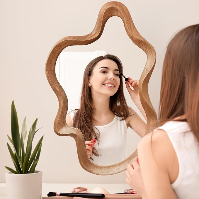 sawsile Irregular Wall Mirror,21""x 32""Asymmetrical Mirror Wood,Wooden Framed Wall Mirror,Modern Large Vanity Bathroom Mirror,Walnut Wavy Mirror for Entryway,Bedroom,Living Room,Washroom, Brown a